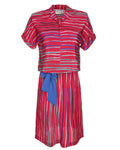 1980's Maroon And Blue Patterned Short Sleeve Dress - M