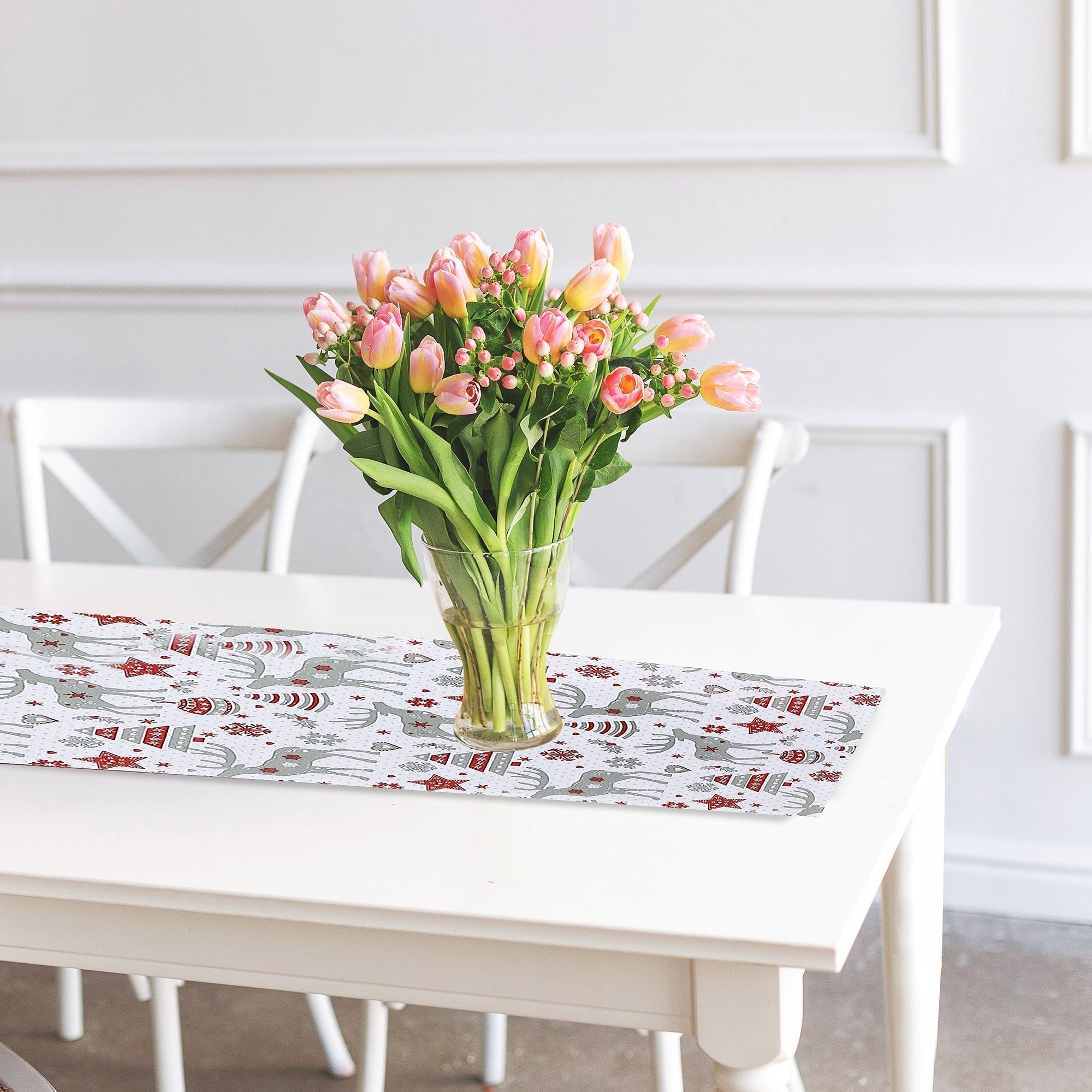 54" Cotton Reindeer Christmas Table Runner – Holiday Dining Decor