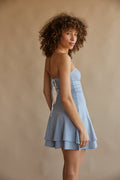 dusty blue strapless lace up mini dress | fresh summer dresses 2024