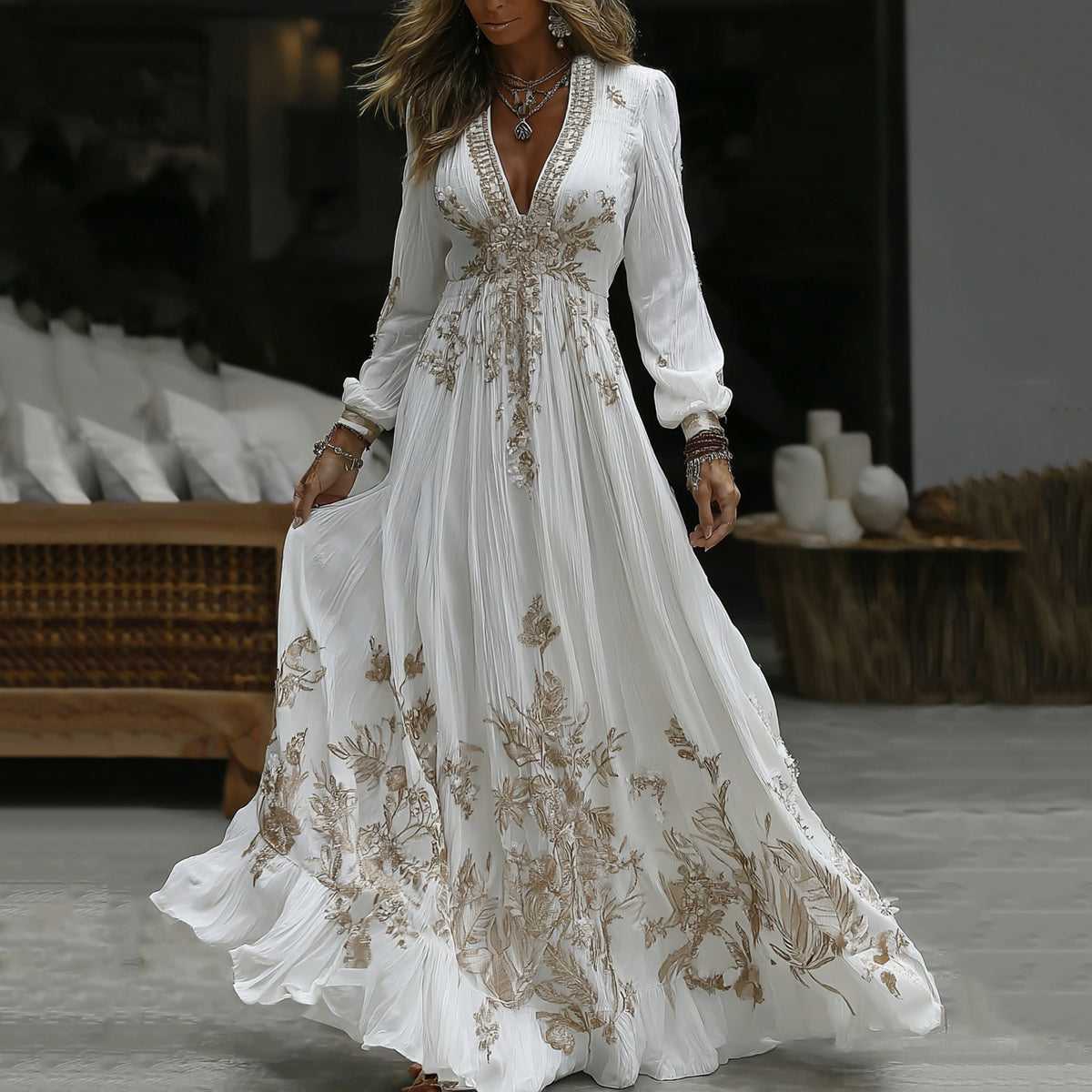 Comstylish Women's Vintage Floral Embroidery Art Casual Long Sleeve Maxi Dress