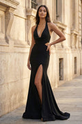 Black Halter Cutout Mermaid Long Prom Dresses with Slit - KISSPROM PROM DRESSES