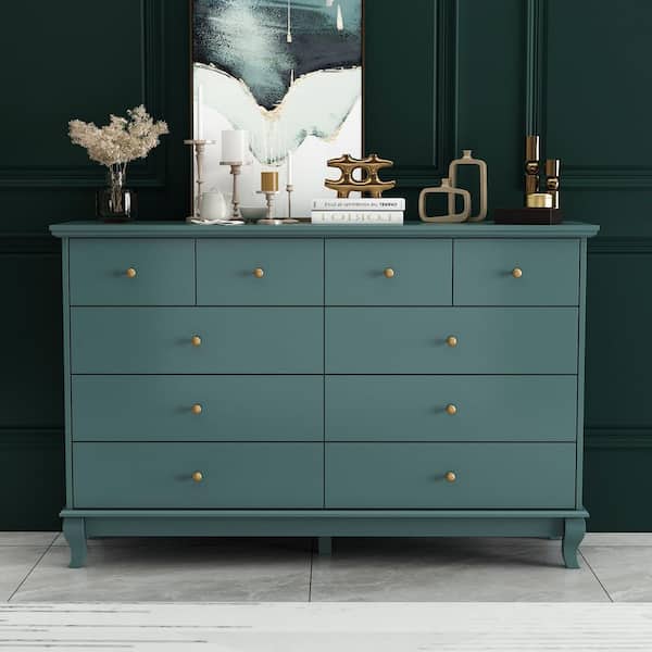 FUFU&GAGA Blue 10 Drawer 55.1 in. Chest of Drawers with Spacious  Countertop, Sturdy Legs and Golden Handles, Dresser with Storage  ZJ-JQ330034-03