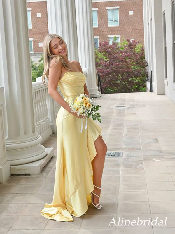 Elegant Yellow Strapless Ruffles Corset Prom Dress with Slit, PD382266