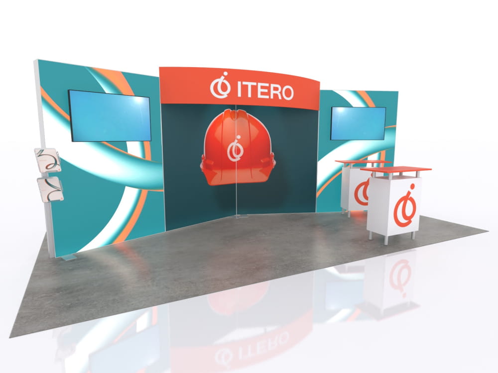 Red hard hat with white logo on 10x20 Eco-Modular Backlit TV Exhibit Kit 13
