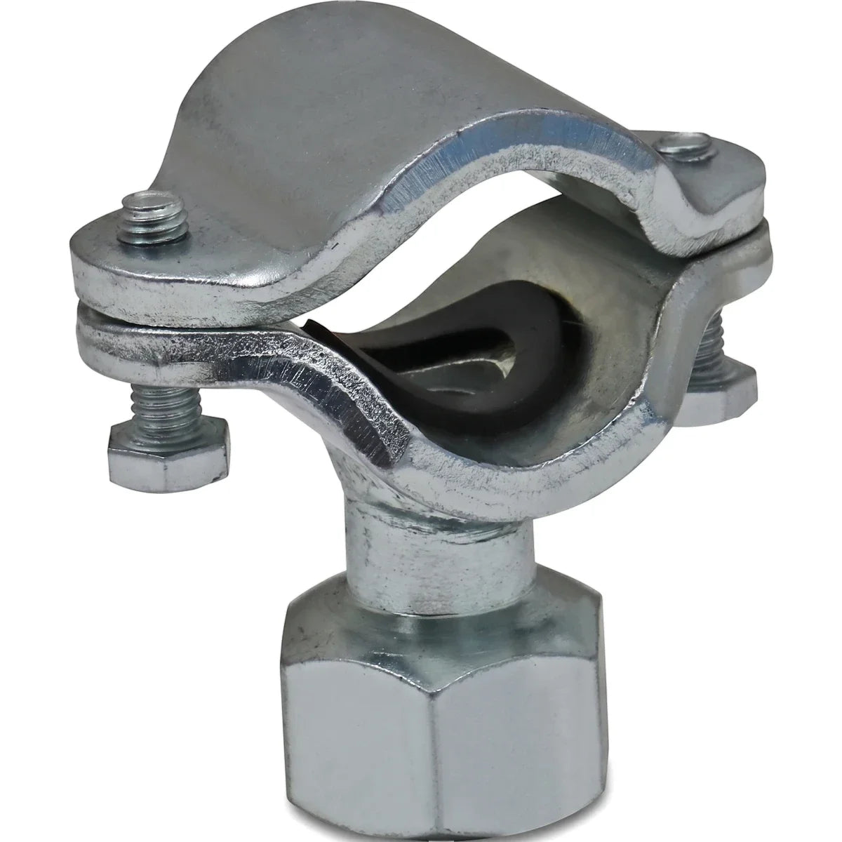 Close-up of a 20mm Ee-Zee Tee Fitting, a galvanized metal pipe clamp with a black rubber insert, seen from a slightly angled