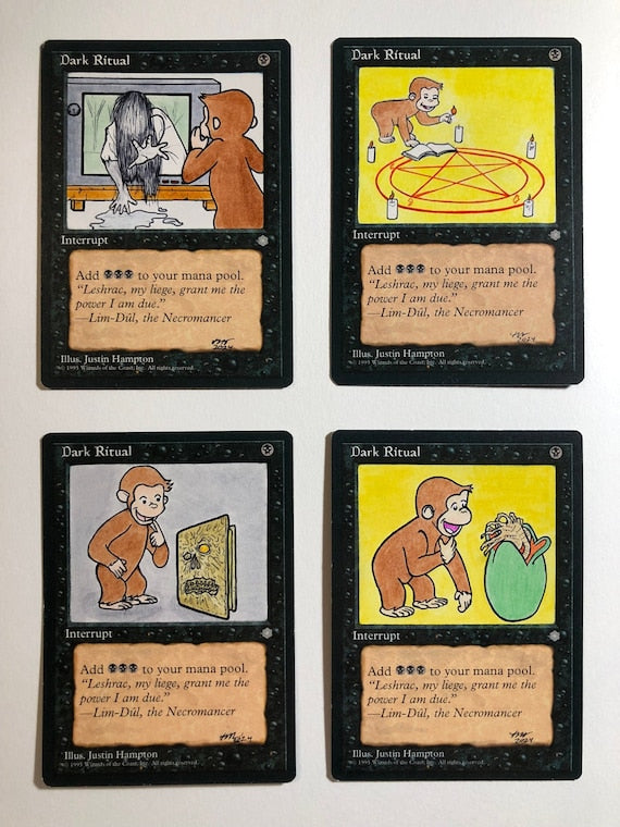 Curious George Dark Ritual Magic the Gathering MTG Alter Set of 4 Gift Nerdy Unique Custom Art Funny Monkey Horror Birthday Commander EDH