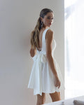 White Bow Back Mini Dress | Elegant Fit & Flare Cocktail Dress | Luxury Bridal Shower Dress | Romantic Open Back Dress | Wedding Guest Dress