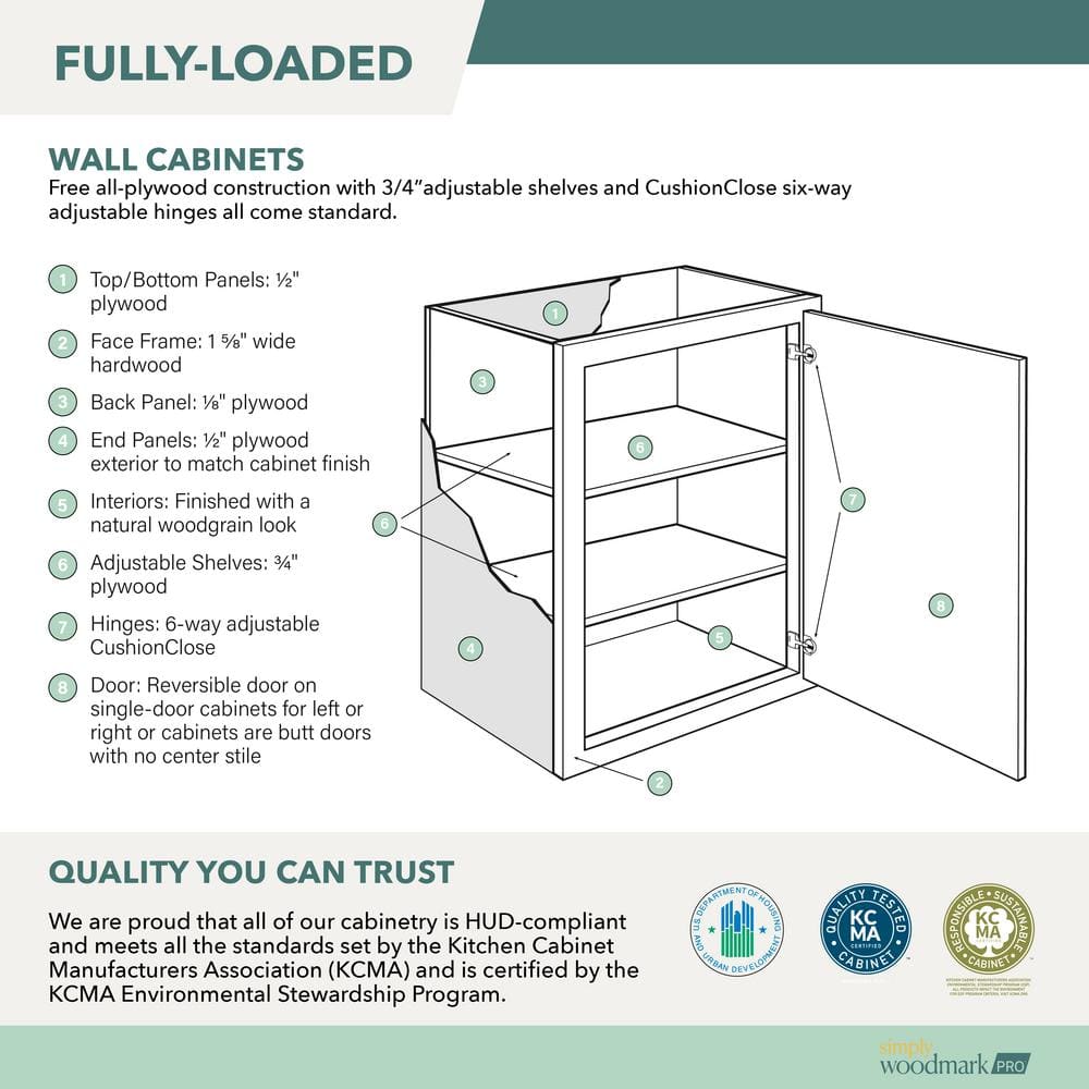 SIMPLY WOODMARK PRO Shaker Partial Overlay 18 in. W x 12 in. D x 42 in. H Plywood Assembled Wall Kitchen Cabinet in Linen White