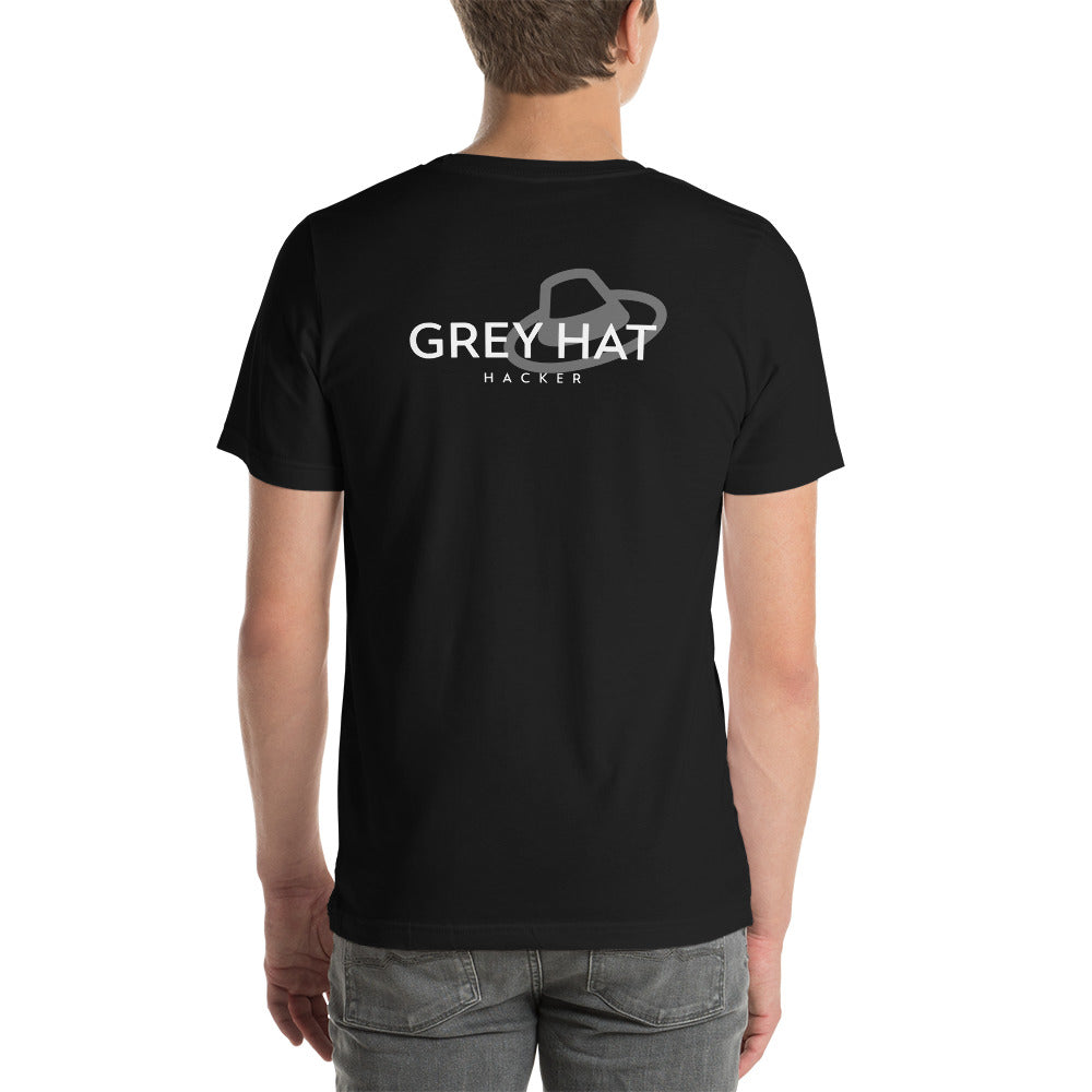 Grey Hat Hacker - Short-Sleeve Unisex T-Shirt (back print) by DarkByteGear