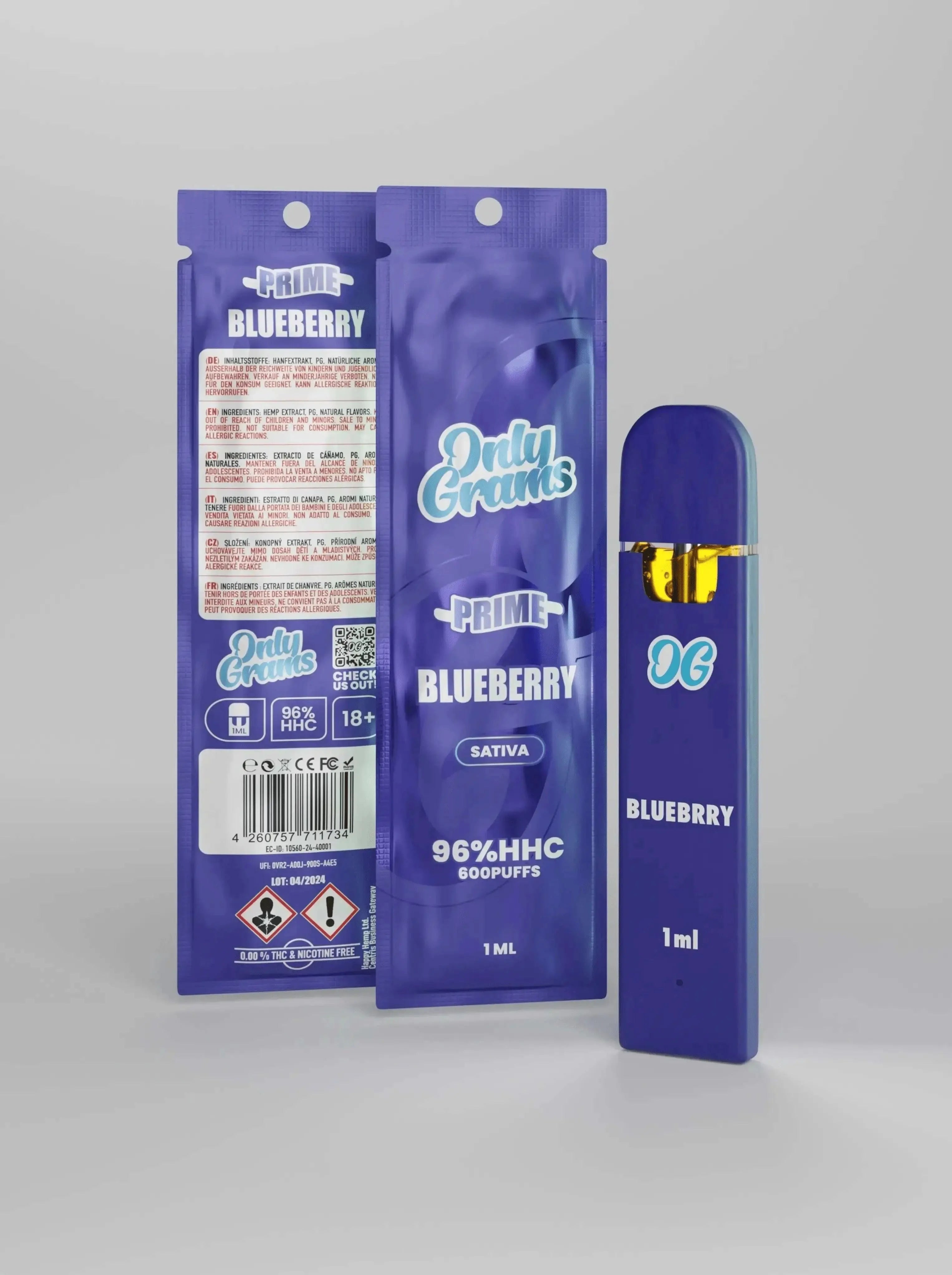 Only Grams Prime Blueberry Sativa 96% HHC Vape mit 600 Puffs in blau-lila Verpackung und 1ml Inhalt