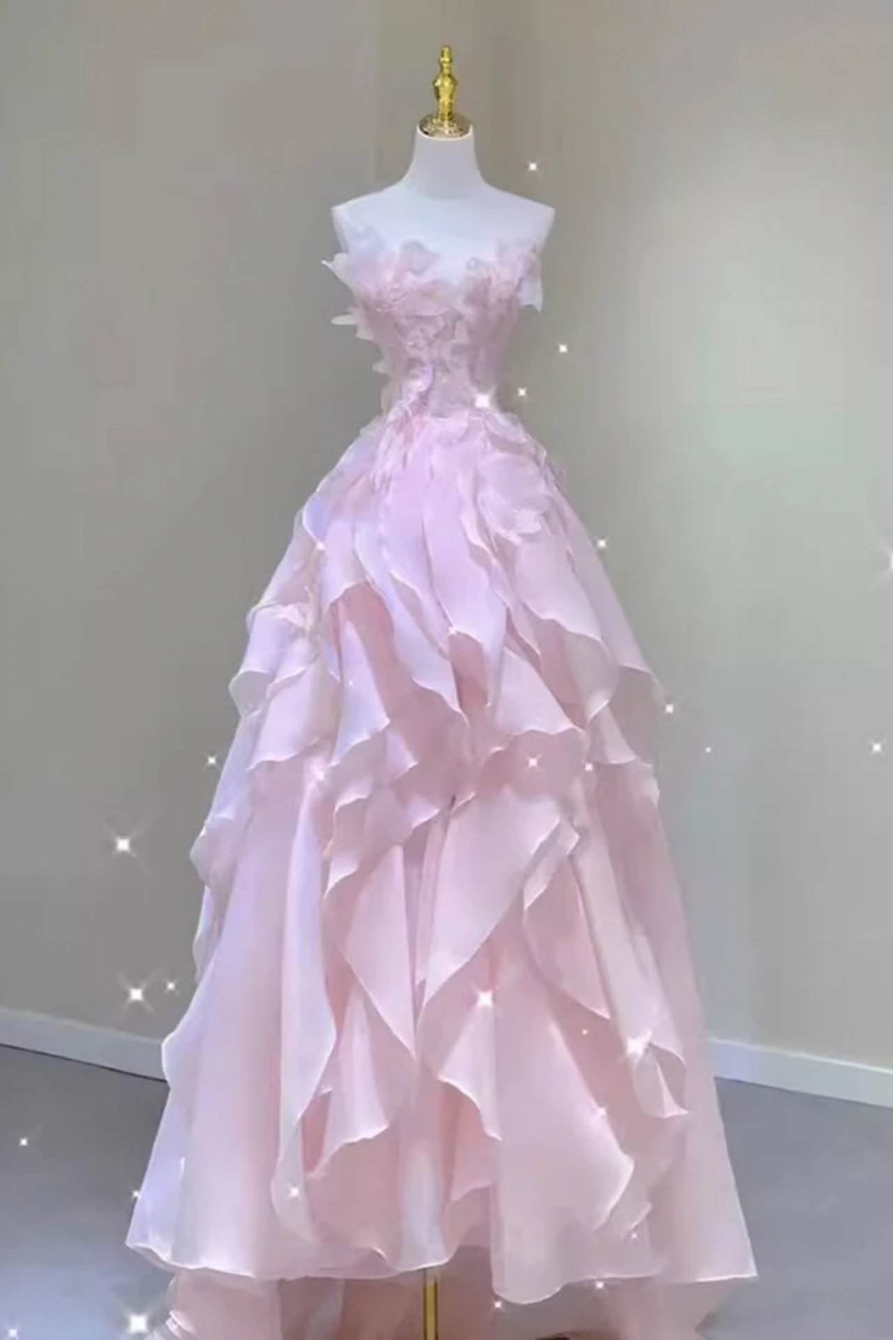 Princess Strapless Long Ball Gown Pink Ruffle Prom Dress, Organza Formal Gown on Luulla