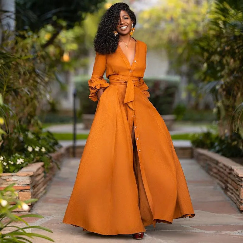 Elegant Women's Maxi Dress - Deep V Neck, Long Sleeve, Split Hem, Sexy Party Dress, Plus Size Autumn Fashion, African Style from Dhgate Basic & Casual Dresses