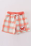 Abby & Evie
Orange plaid crab embroidery boy swim trunks