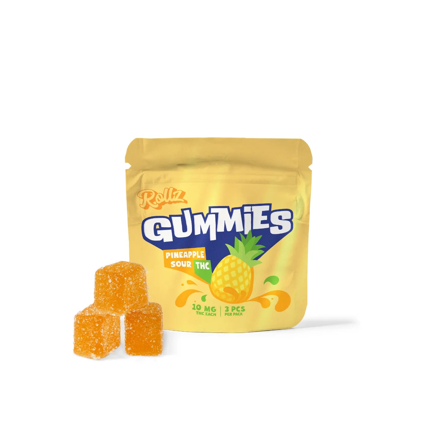 Rollz THC Gummies Ananas-Geschmack, 10 mg pro Stück, 3 Stück Packung mit rotem Beutel