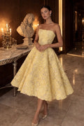 Strapless Tea Length Evening Dress Aline Sleeveless Yellow Floral Prom Dress