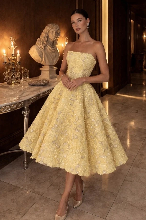 Strapless Tea Length Evening Dress Aline Sleeveless Yellow Floral Prom Dress