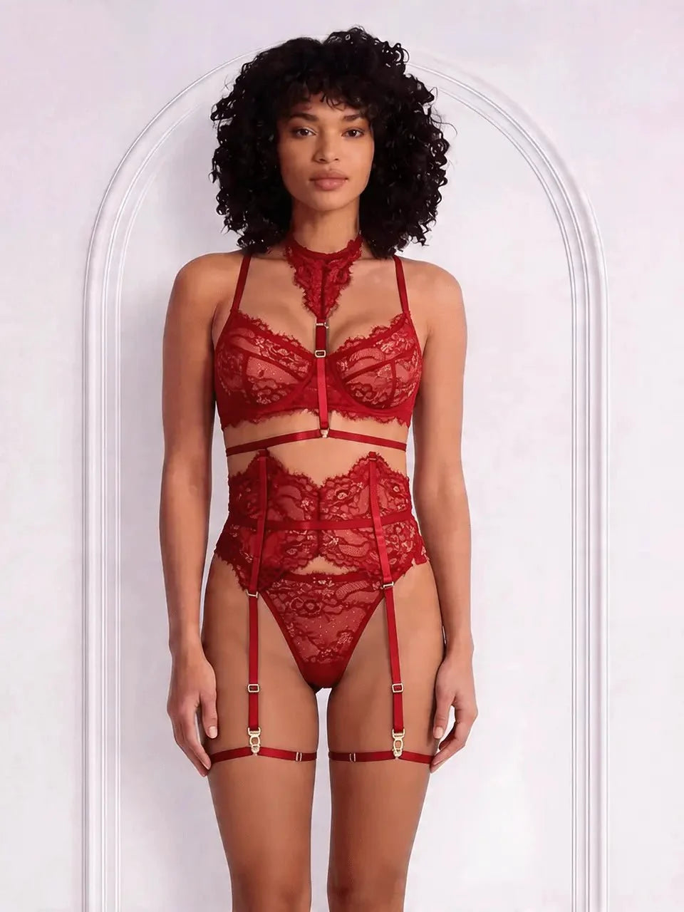 Tiffanya Lace Lingerie Set with Choker & Garter Belt – Red – Portofino - Tiffanya Store