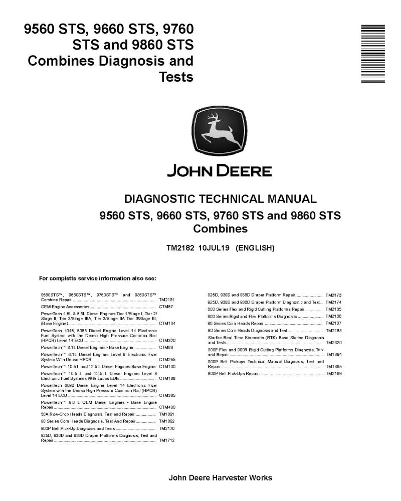 JOHN DEERE 9760STS COMBINE TM2182 DIAGNOSTIC MANUAL TM2182 - PDF