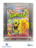 TMNT Raphael mint on card action figure in acrylic display case front view.