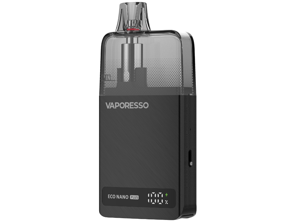 Vaporesso ECO Nano Plus E-Zigaretten-Set in Schwarz mit digitaler Anzeige.